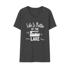 Lake Life T Shirt Womens 2XL Gray V Neck Short Sleeve Cotton Grey Boat Print NWT